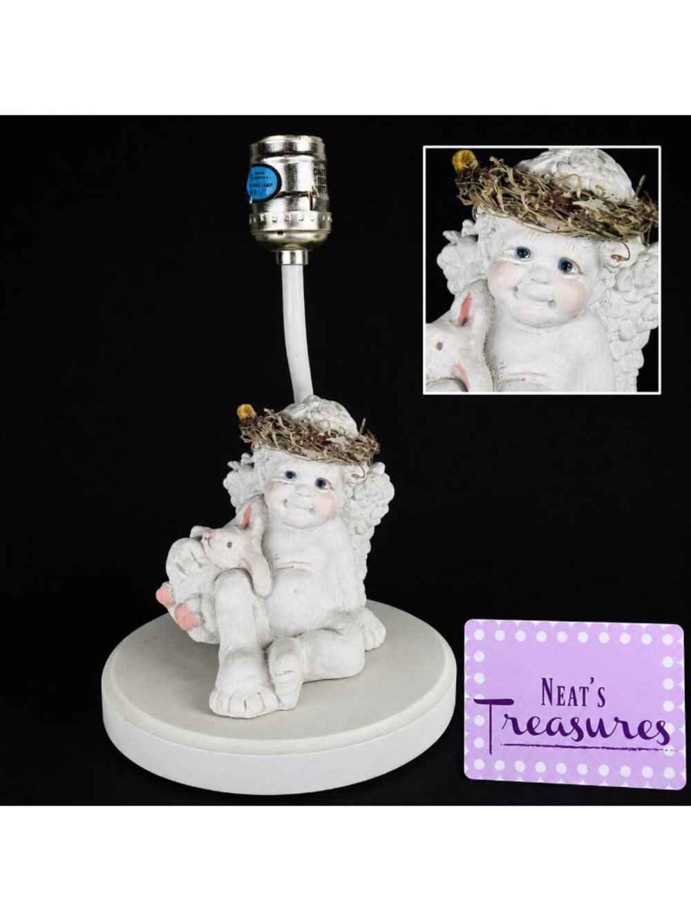 1991 Cast Art DREAMSICLE CHERUB ANGEL W BUNNY White Pink Figurine 10" Table Lamp